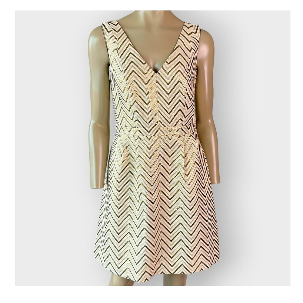 J. Crew Women Size 10 Gold Metallic Chevron Party Sheath Dress Sleeveless V Neck